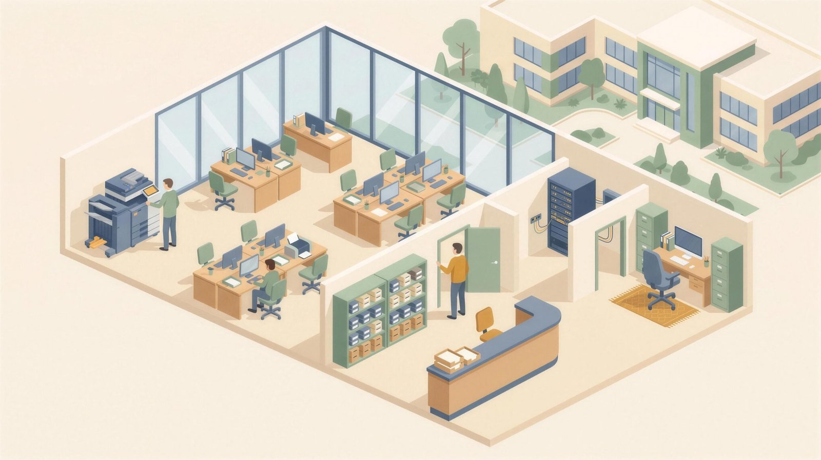 Isometric cutaway of an administration building: copier room, open office, supply closet, front office, IT closet and business office