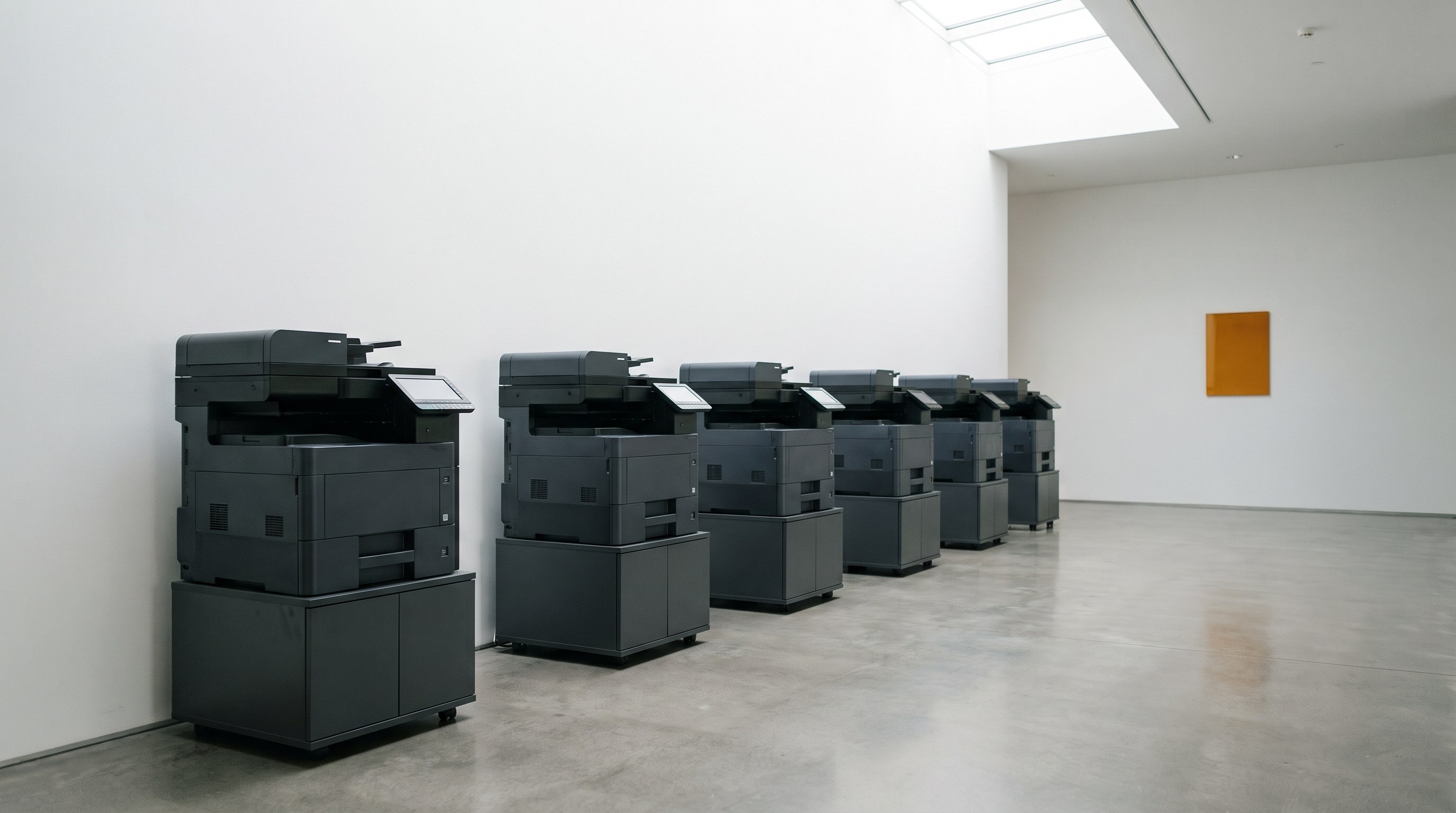 A standardized row of multifunction printers along an office wall