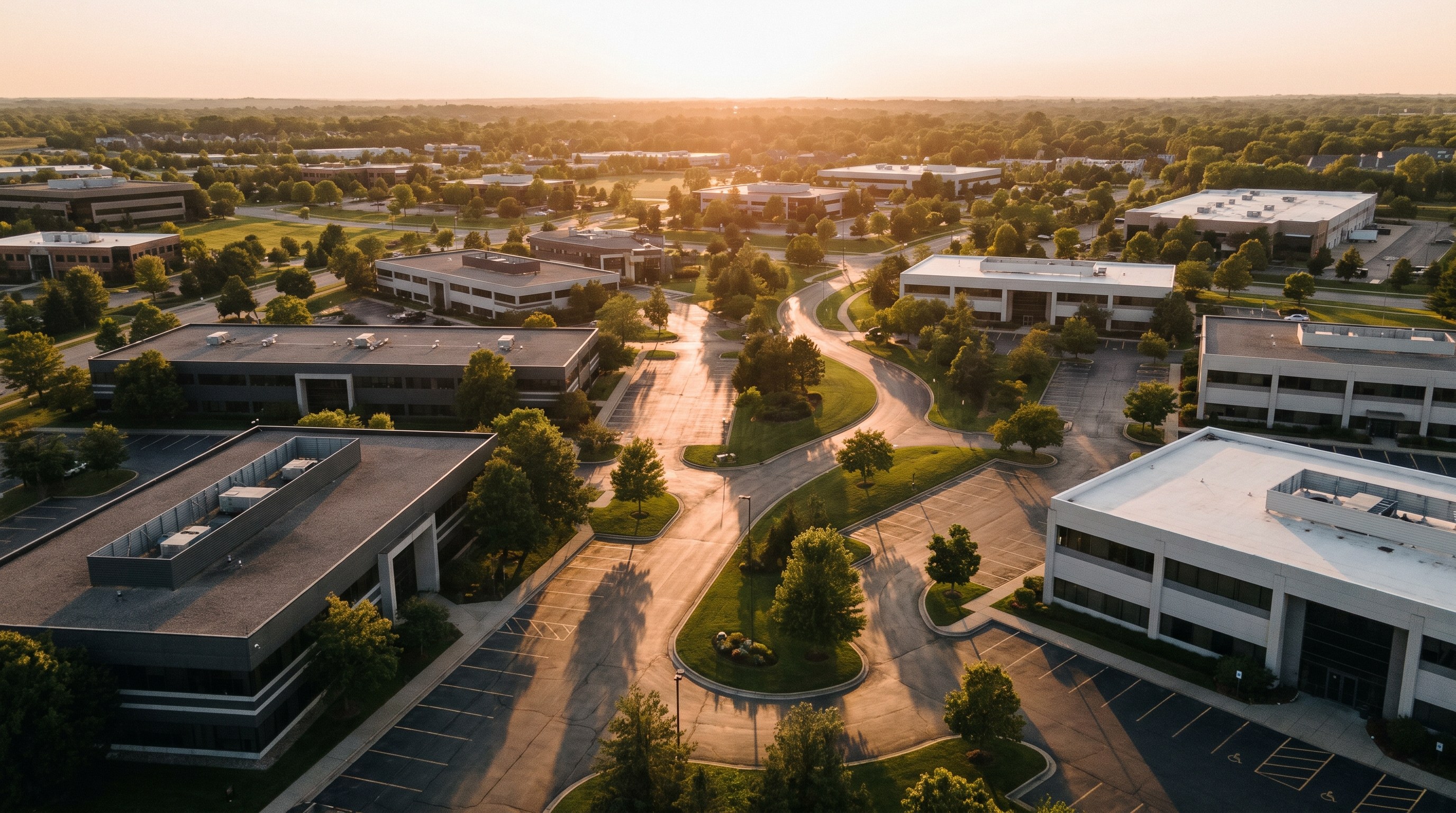 Aerial view of several office buildings and parking lots at sunset