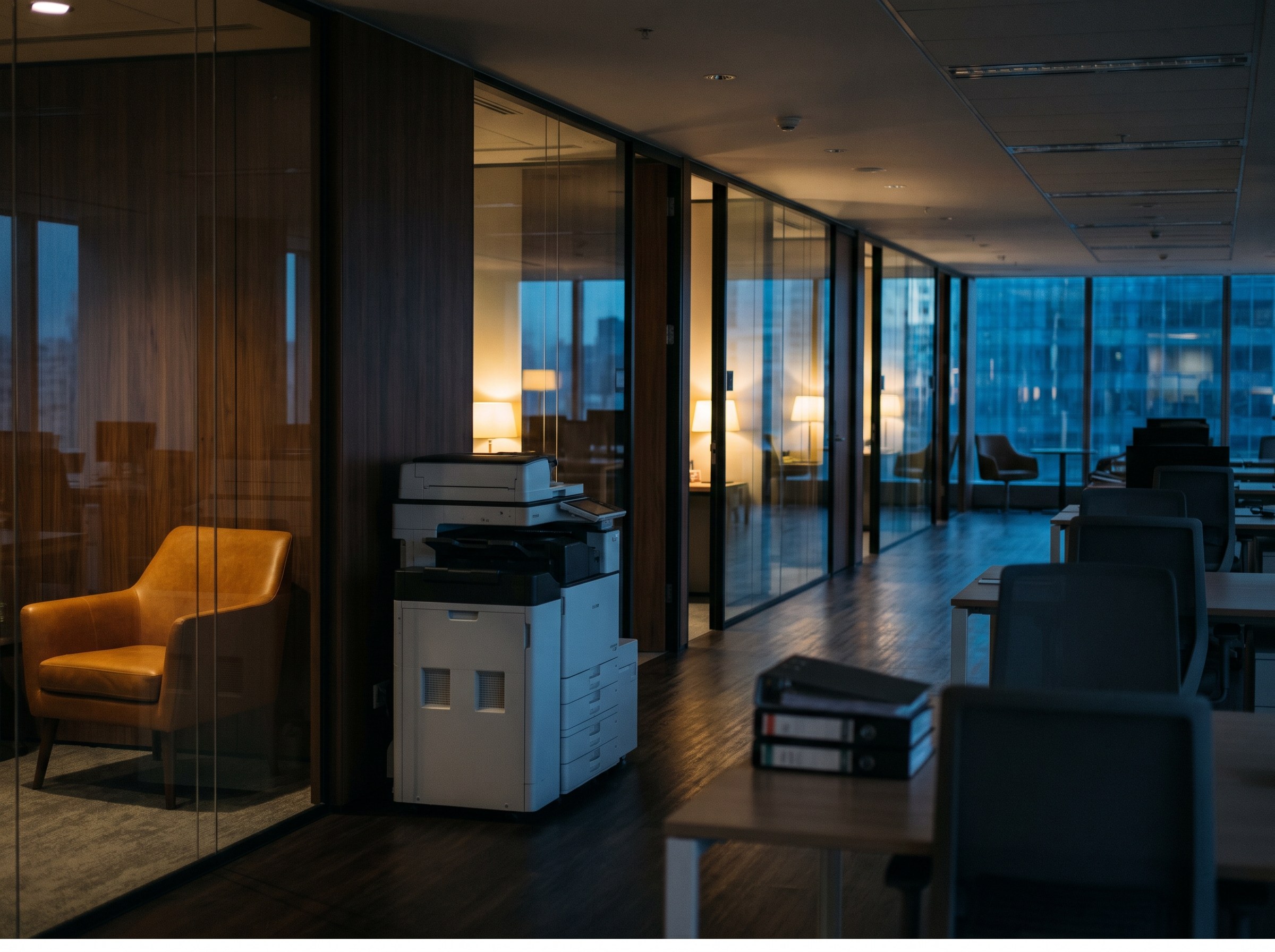 Glass offices with a shared printer station at dusk