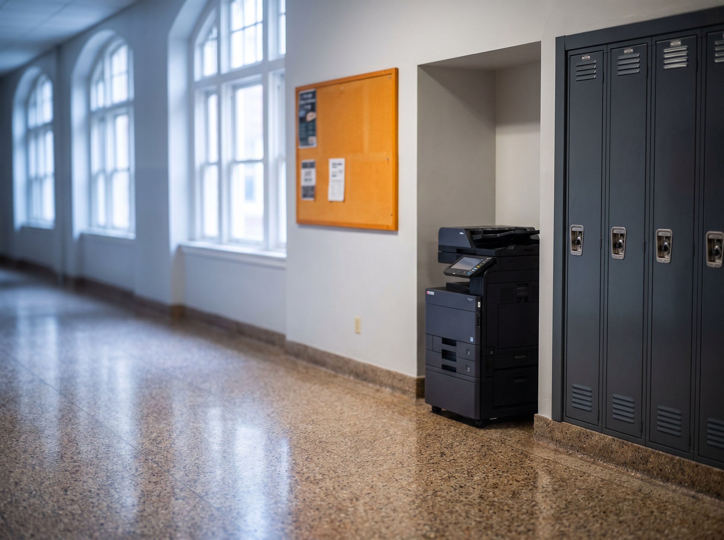 School hallway with lockers and a copier alcove