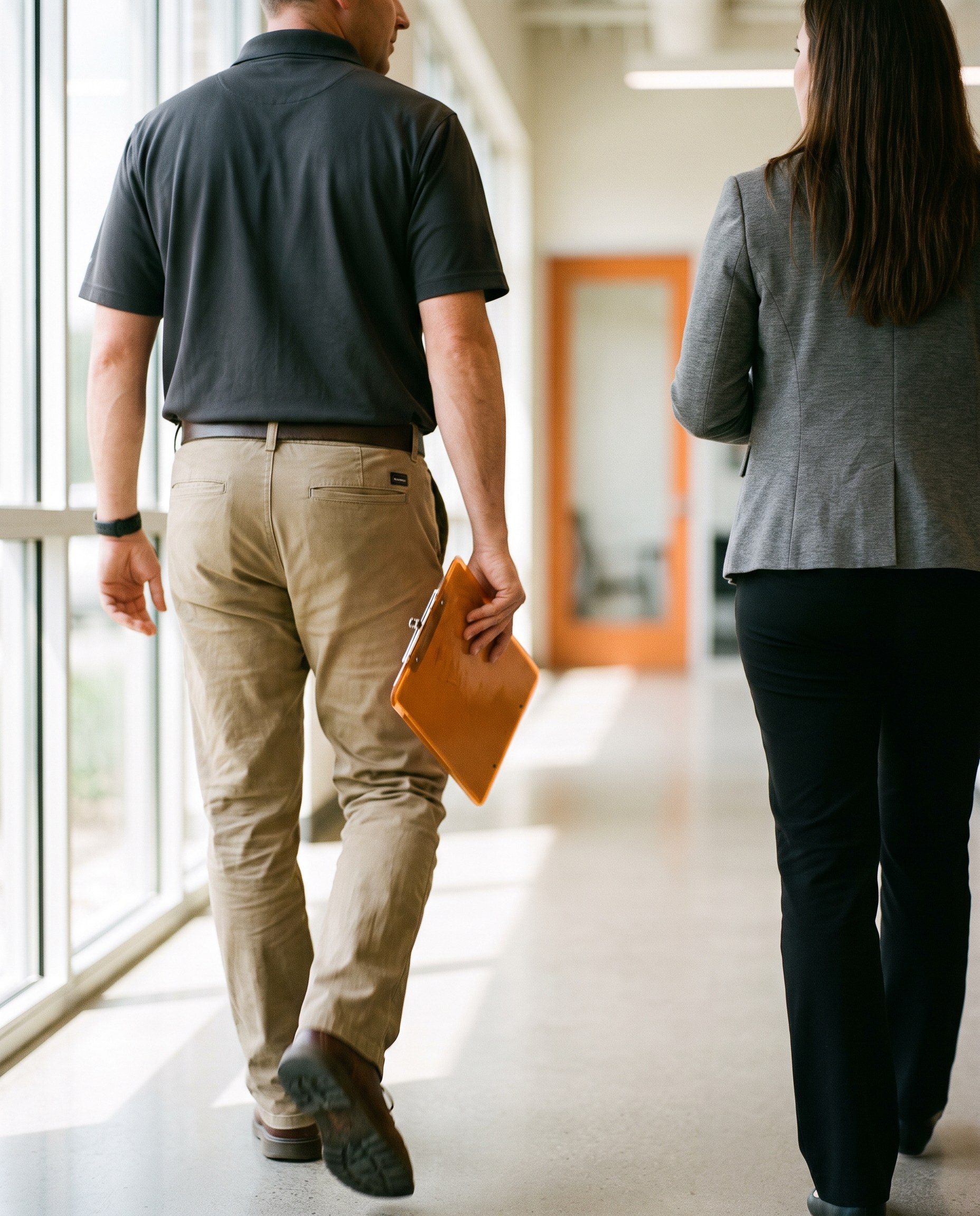 Two staff members walking an office corridor during a site walk