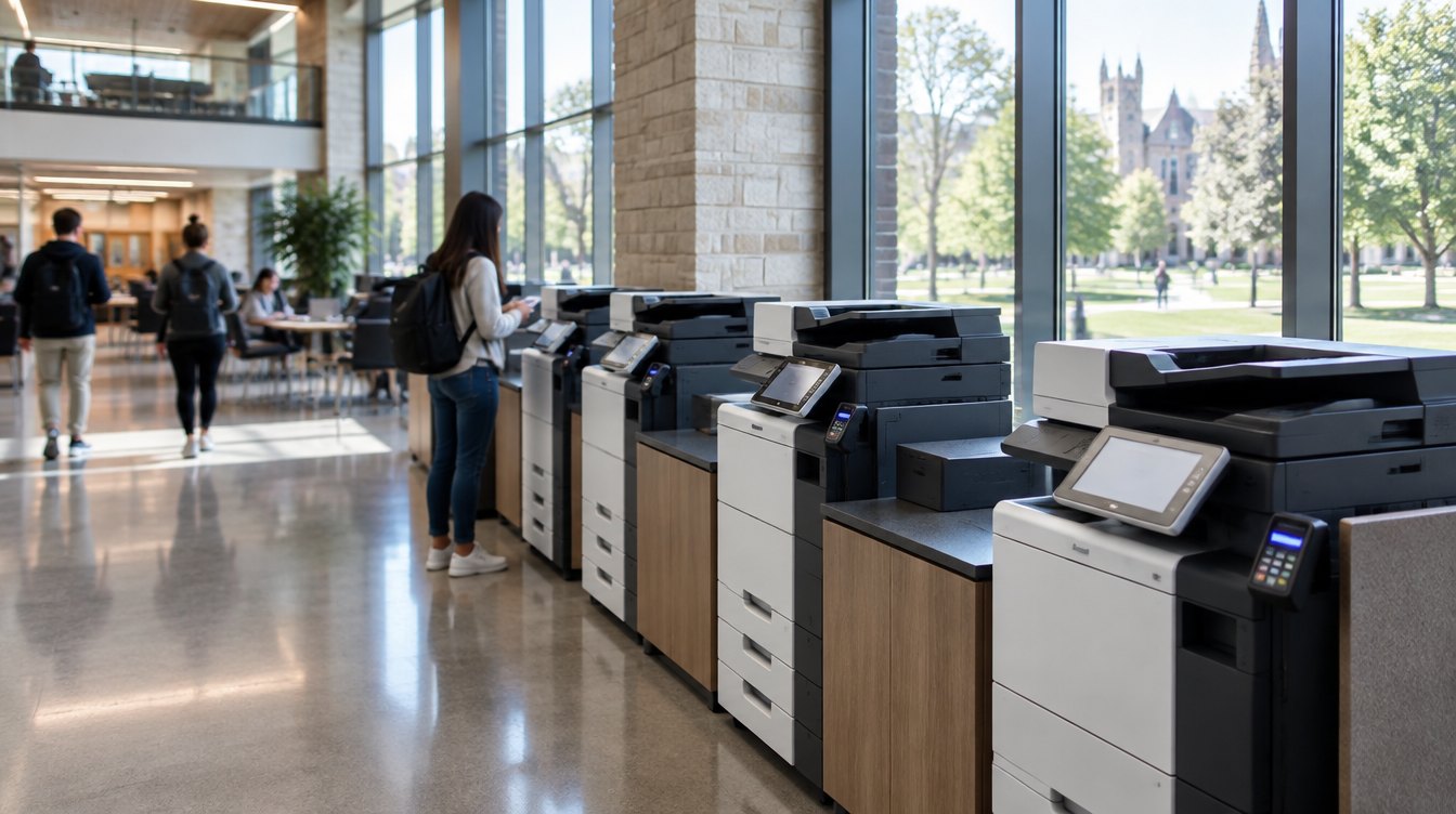 University library print station with a row of multifunction printers and card readers