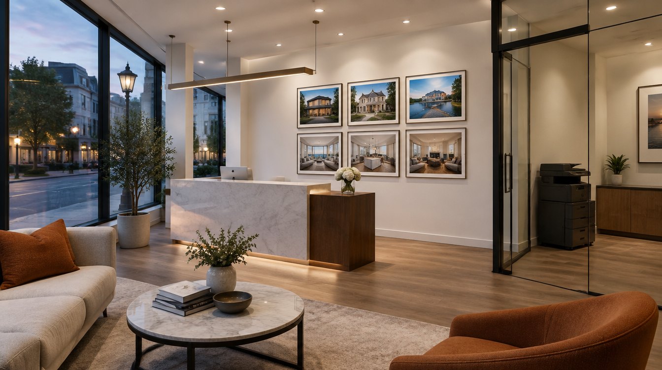 Real estate brokerage storefront office with framed property photos and a printer in a glass workroom