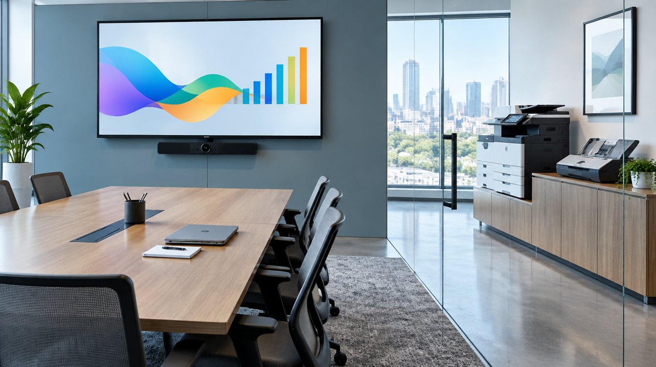 Conference room with an interactive display and video bar, a multifunction printer and scanner beyond the glass