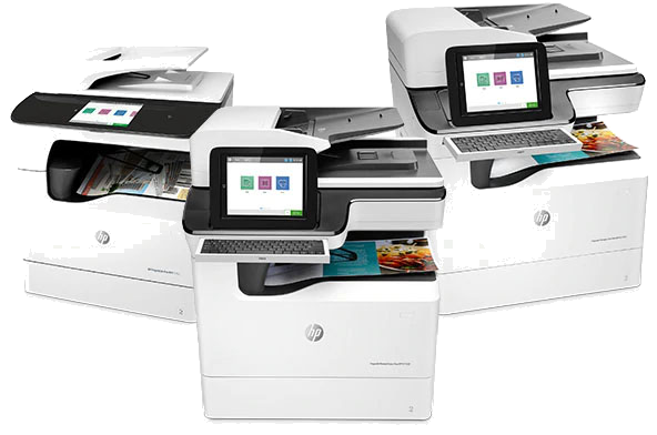 Three HP PageWide A3 color multifunction printers grouped together