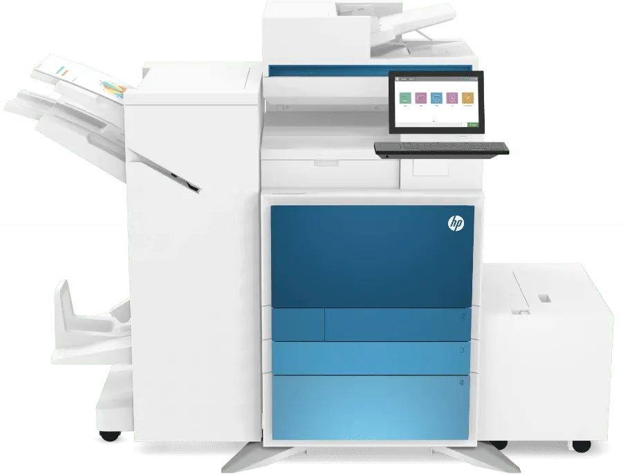 HP Color LaserJet Managed multifunction printer with high-capacity trays and finisher