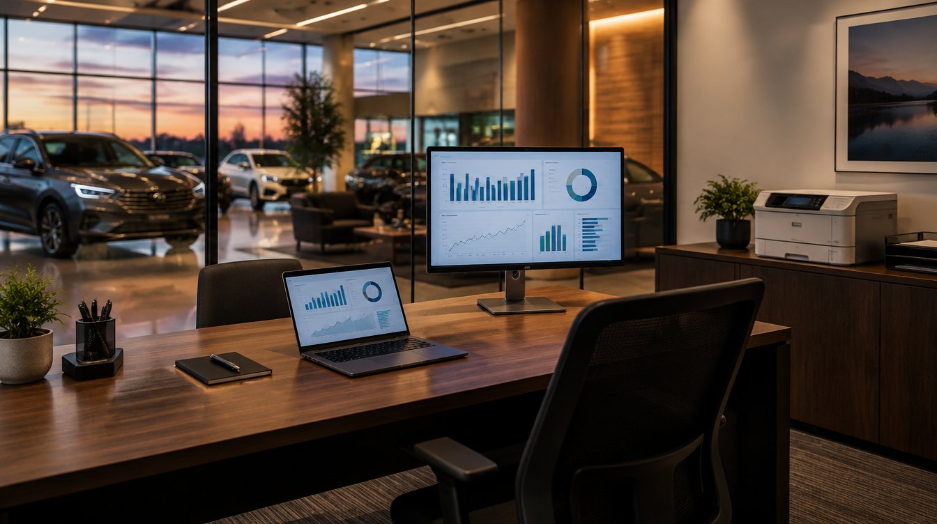 Dealership F&I office with a laptop, a dashboard monitor and a compact printer, the showroom beyond the glass
